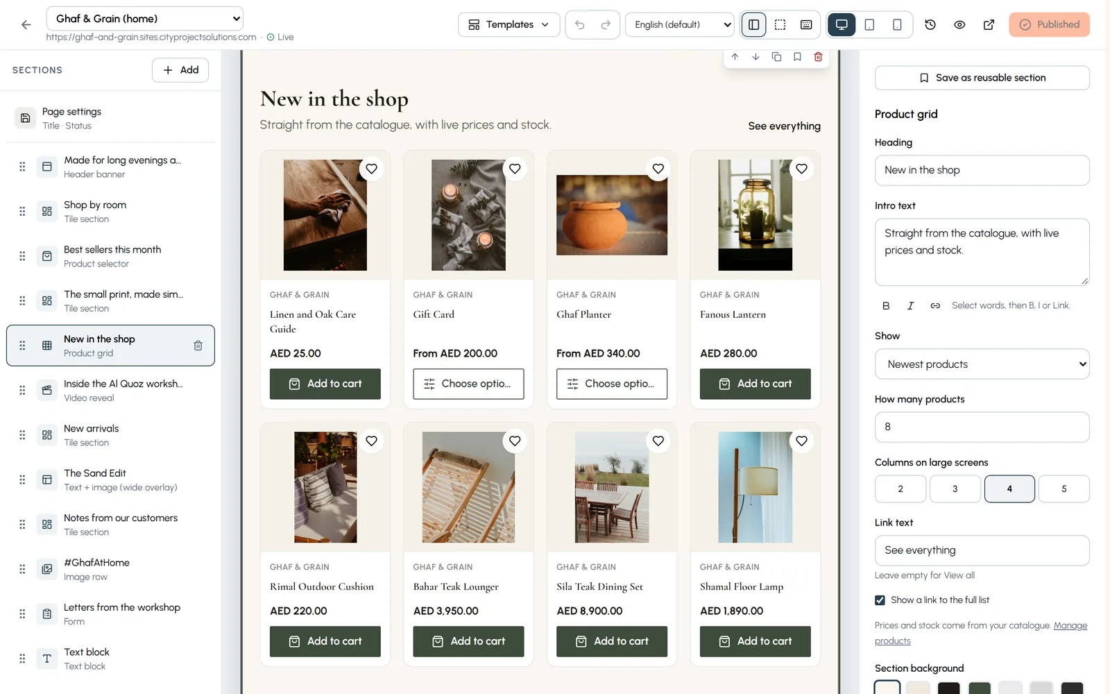 A Product grid section selected in the builder: eight products from the shop with prices and Add to cart buttons, and the grid settings on the right.