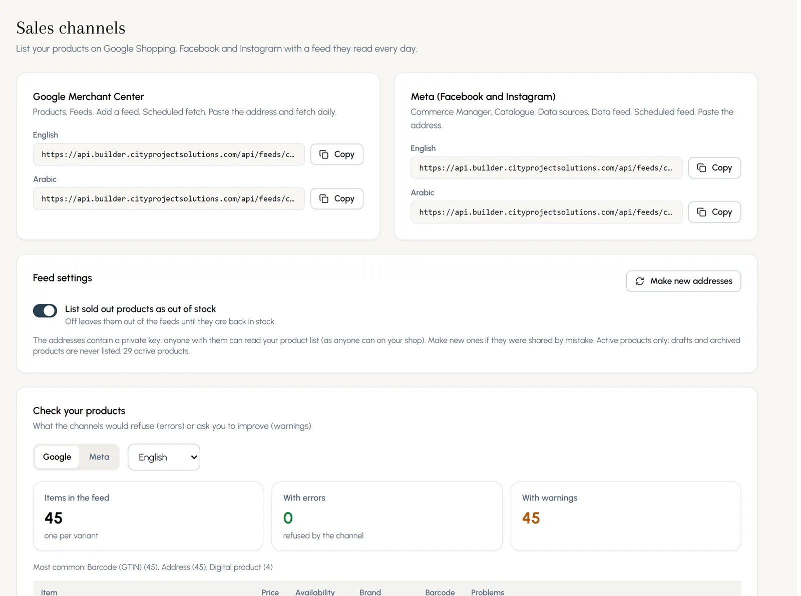 Sales channels: feed addresses for Google Merchant Center and Meta in English and Arabic with Copy buttons, feed settings, and Check your products with 45 items and their warnings.