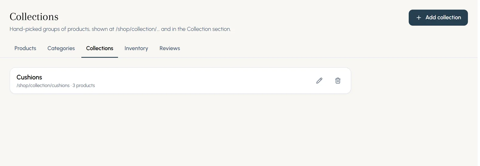 The Collections tab with one collection, Cushions, holding three products.