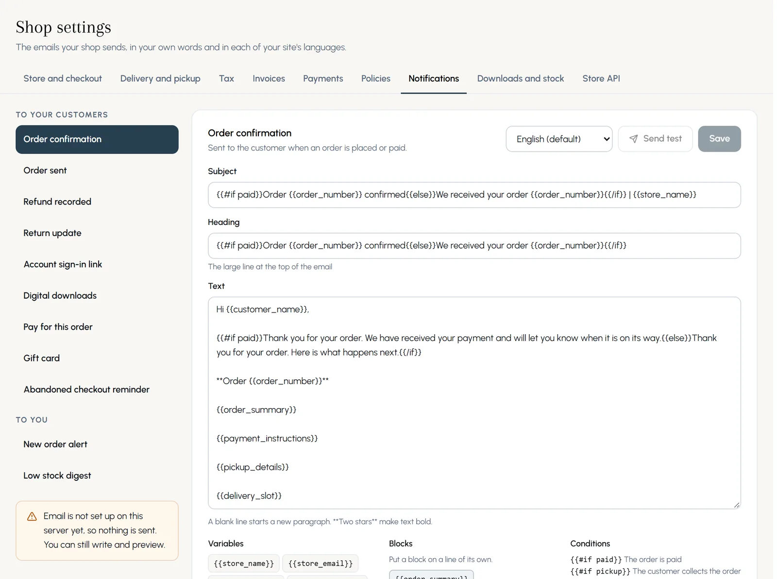 The Notifications tab: the list of customer and shop emails, the Order confirmation editor with subject, heading and text, the variables and blocks, and a preview.