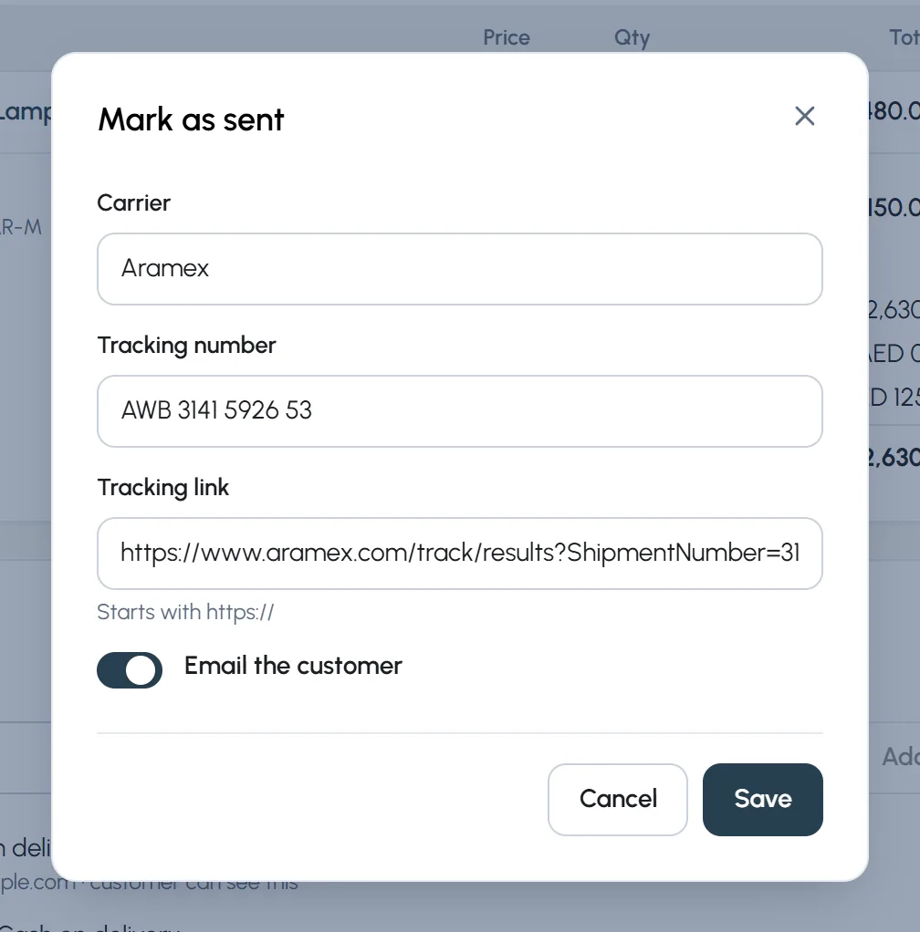 The Mark as sent window: carrier Aramex, a tracking number and tracking link, and Email the customer turned on.