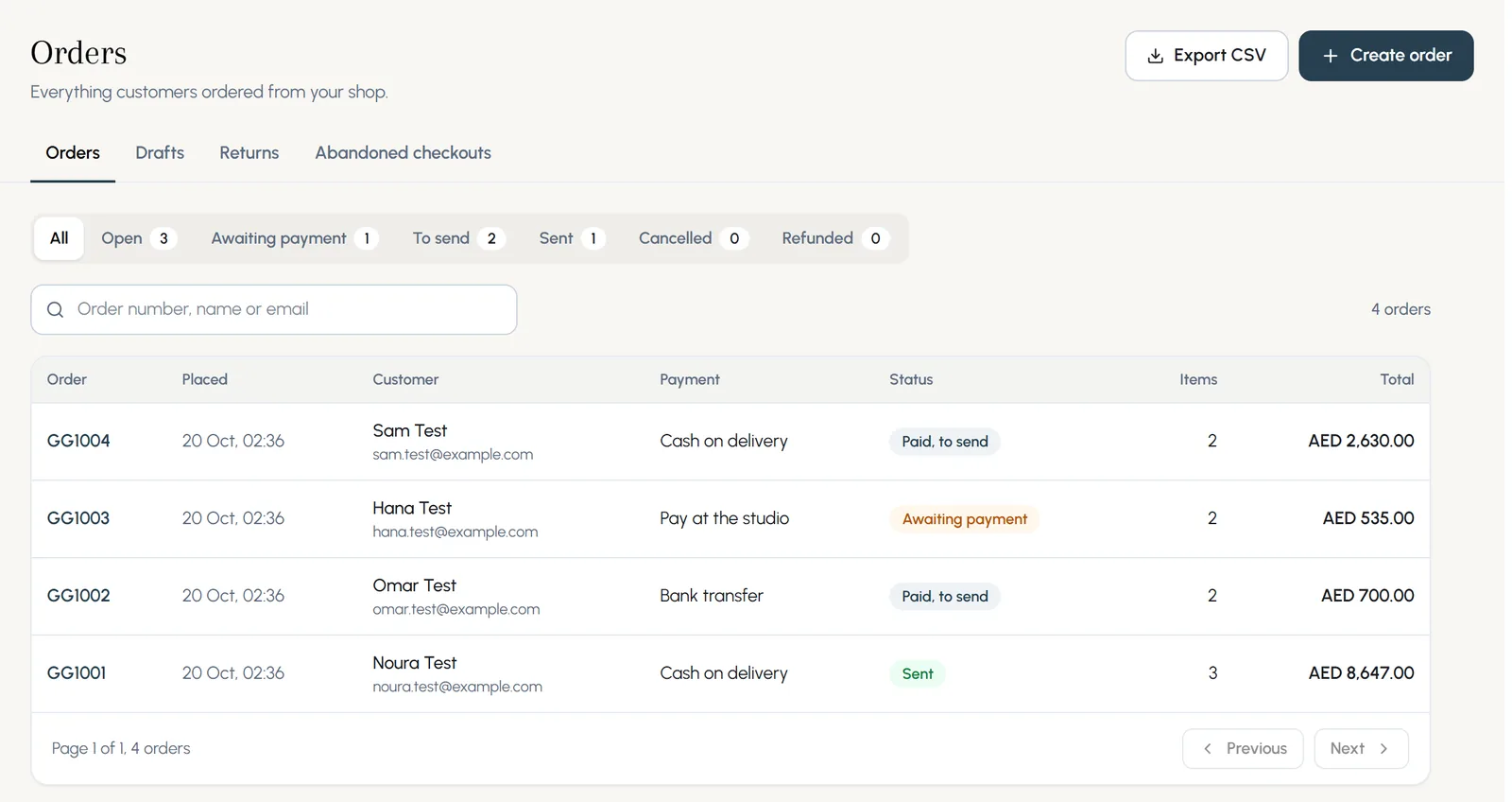 The Orders list: four orders with their customer, way to pay (cash on delivery, pay at the studio, bank transfer), status and total.