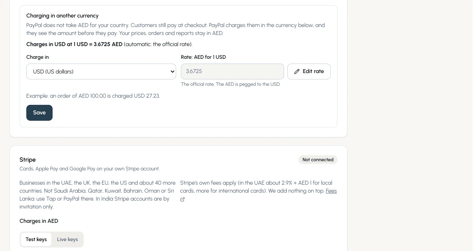 Charging in another currency for PayPal: PayPal does not take AED in the UAE, so it charges in USD at 1 USD = 3.6725 AED, with an example of AED 100 charged as USD 27.23.