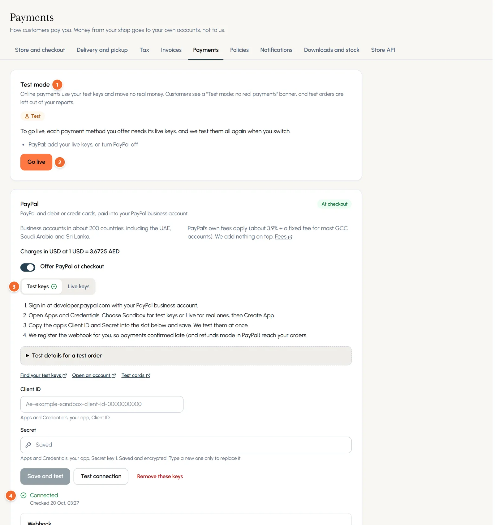 The Payments tab in Test mode with a Go live button, then the PayPal box offered at checkout: the Test keys tab with a tick, the setup steps, the Client ID, the saved Secret shown only as Saved, and the status Connected with the time of the last check.
