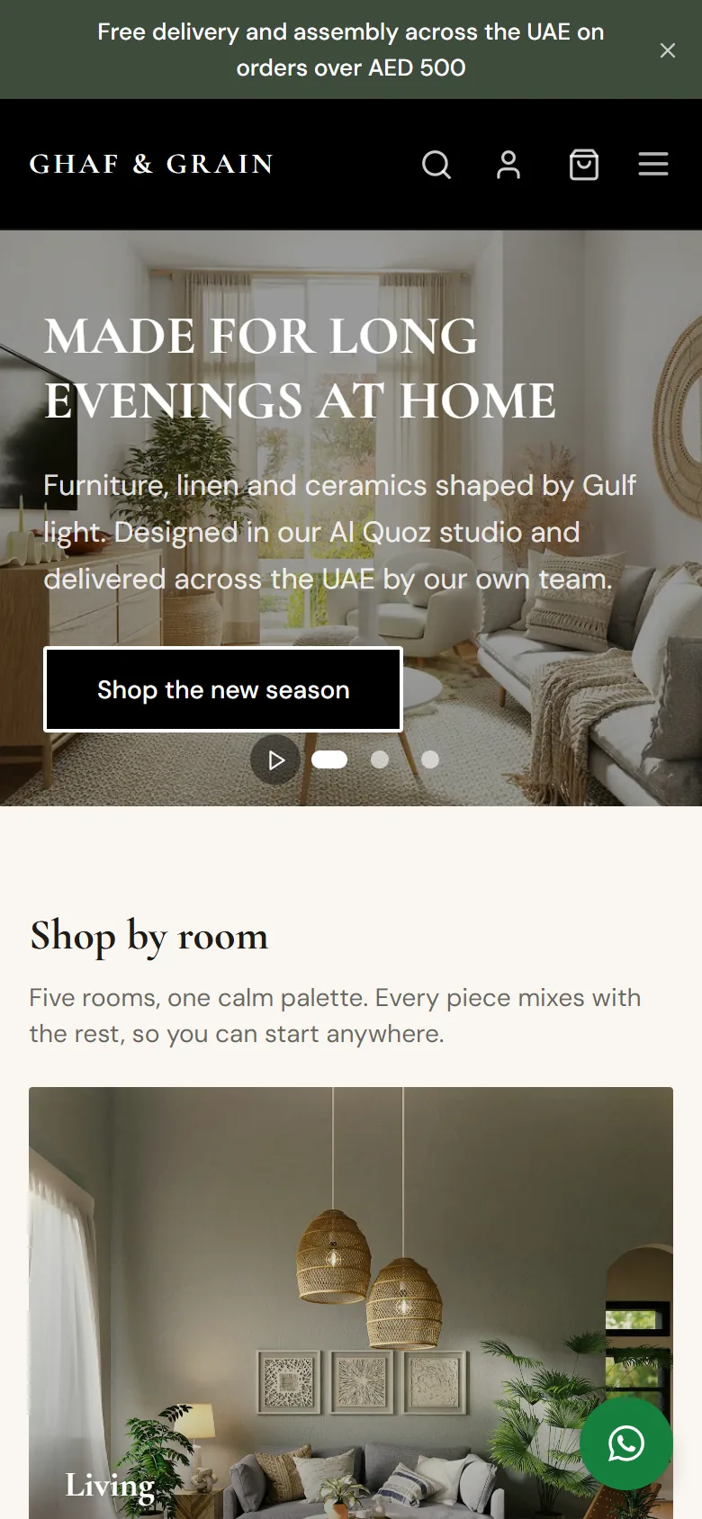 The shop home page on a phone: announcement bar, the header with search, account, cart and menu, and the banner.