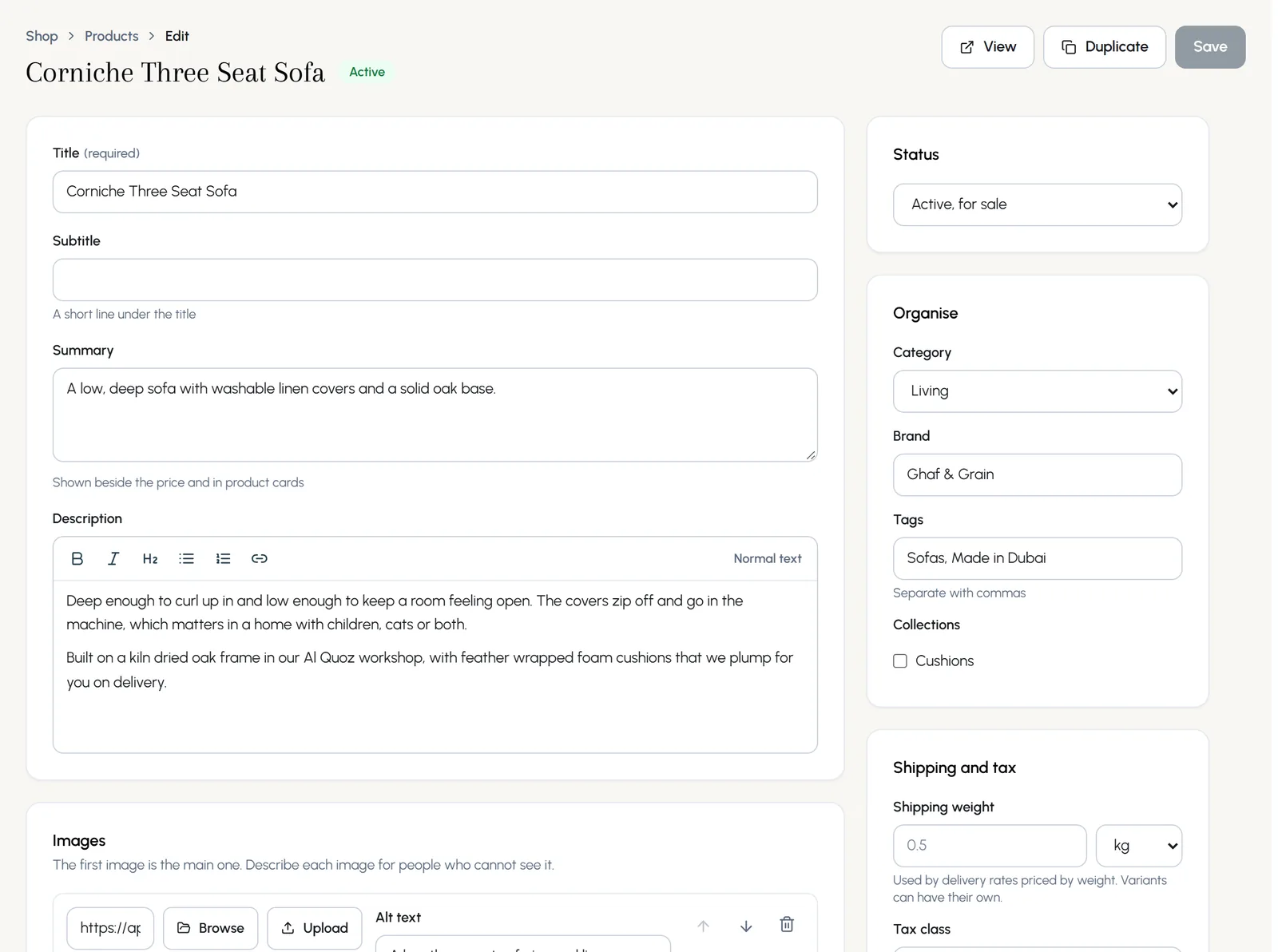 The product editor for the Corniche Three Seat Sofa: title, subtitle, summary and description, images with alt text, and Status, Organise and Shipping and tax on the right.