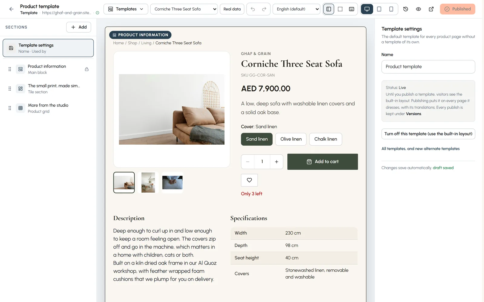 The Product template open in the builder, previewing the Corniche sofa page with its options and Add to cart, and the template settings on the right.