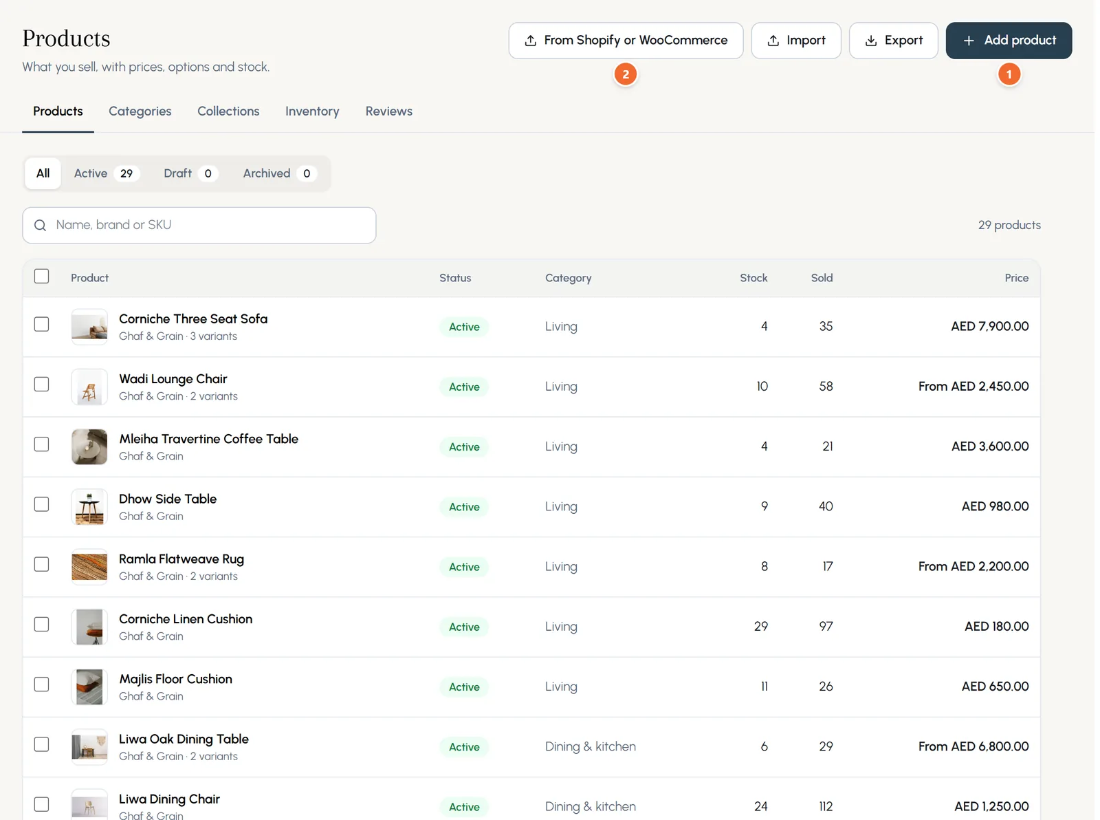 The Products list with photos, Active badges, categories, stock, sold counts and prices, and the From Shopify or WooCommerce, Import, Export and Add product buttons.