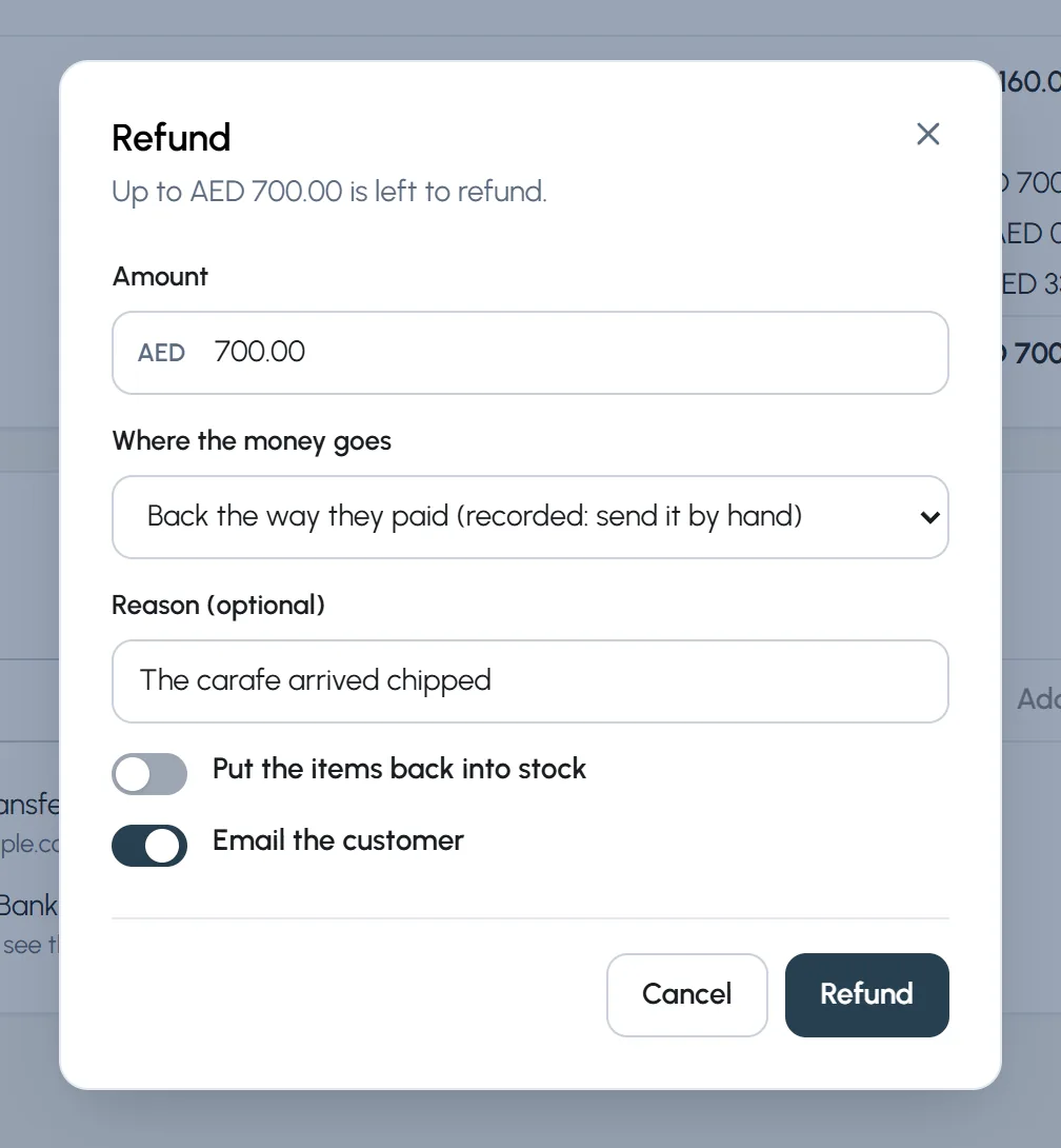 The Refund window: the amount, Where the money goes set to Back the way they paid, a reason, Put the items back into stock and Email the customer.