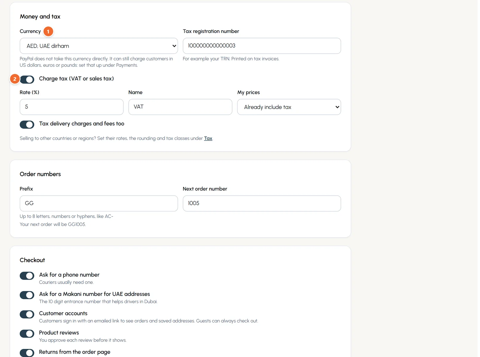 Store and checkout settings: currency AED, tax registration number, Charge tax on at 5% VAT with prices including tax, and the order number prefix GG.