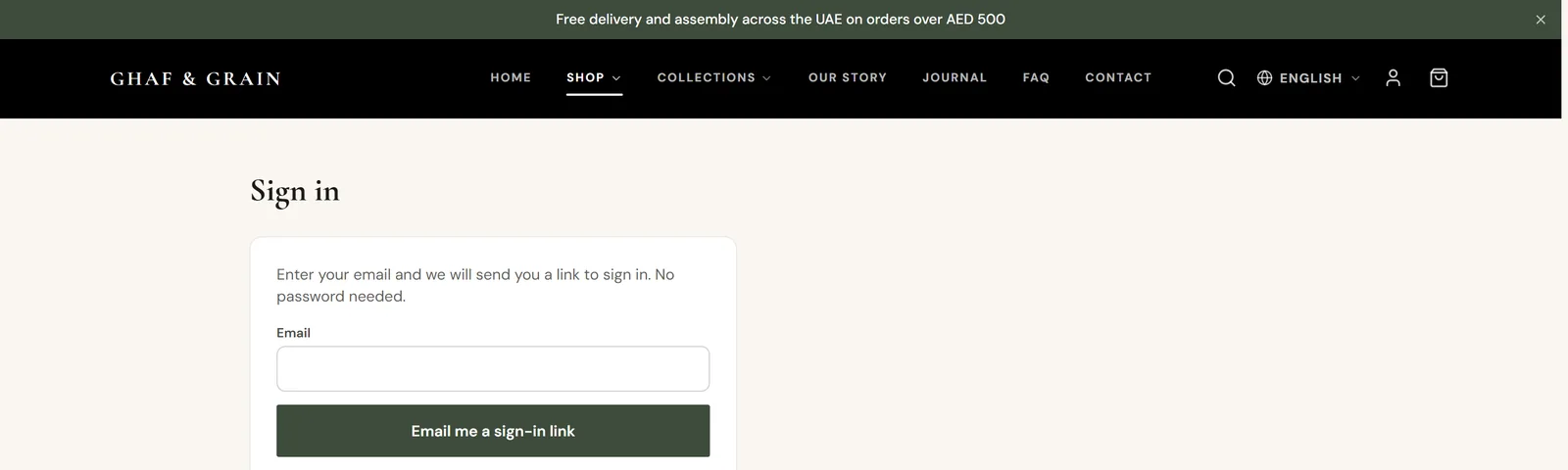The Sign in page: Enter your email and we will send you a link to sign in, no password needed.