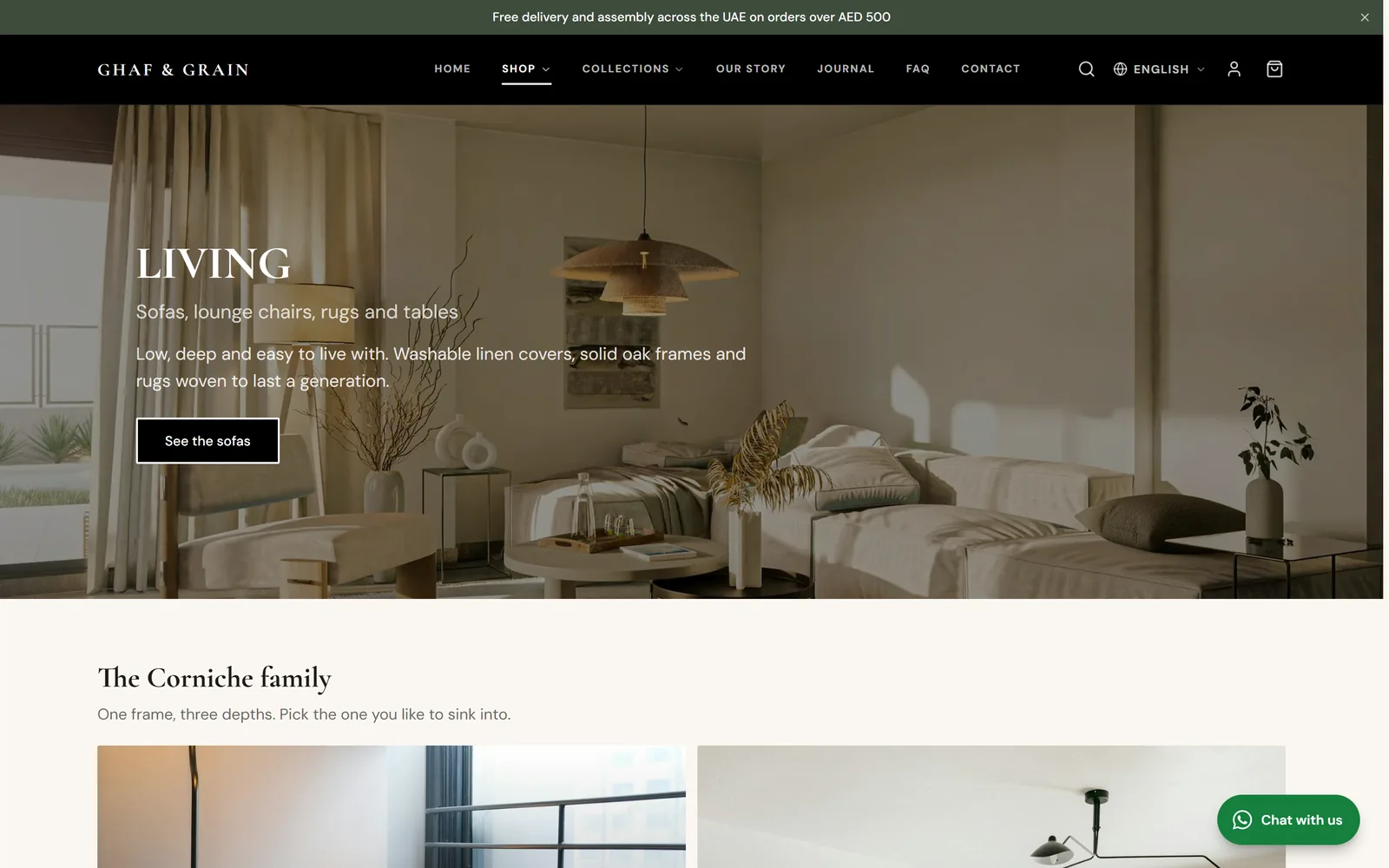 The Living category page of the Ghaf & Grain shop, with its banner photo, the title Living and a See the sofas button.