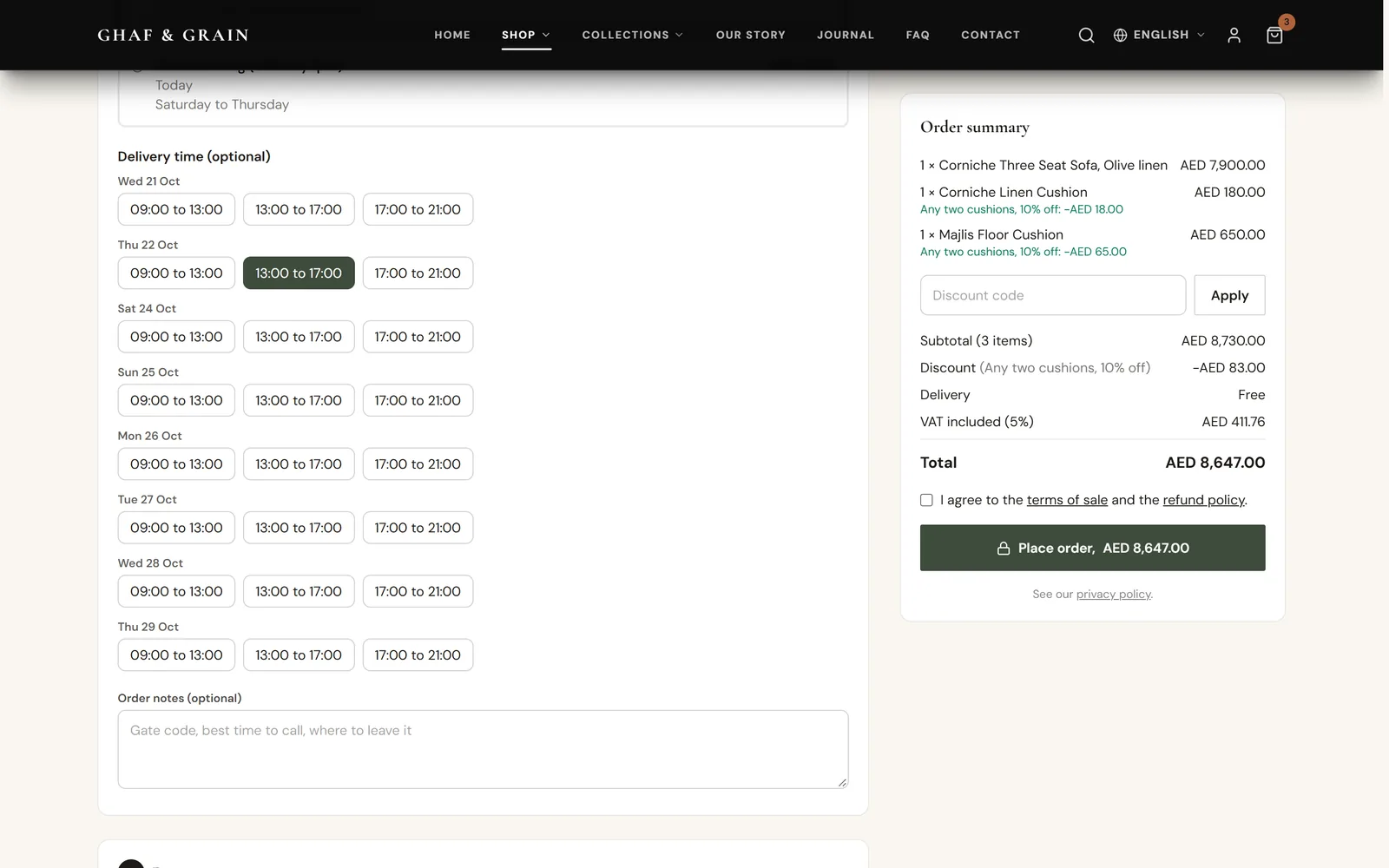 Checkout: the delivery time windows by day, with 13:00 to 17:00 on Sunday chosen.