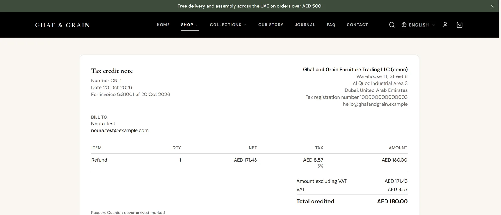 The customer's credit note CN-1 for invoice GG1001: the refund line, the amount excluding VAT, the VAT and the total credited.
