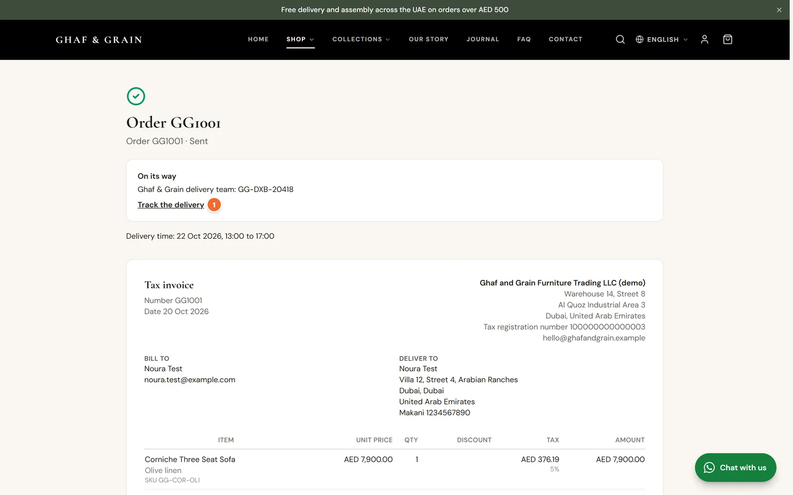 Order GG1001 marked as sent: On its way with the Ghaf & Grain delivery team, tracking number GG-DXB-20418 and the Track the delivery link.