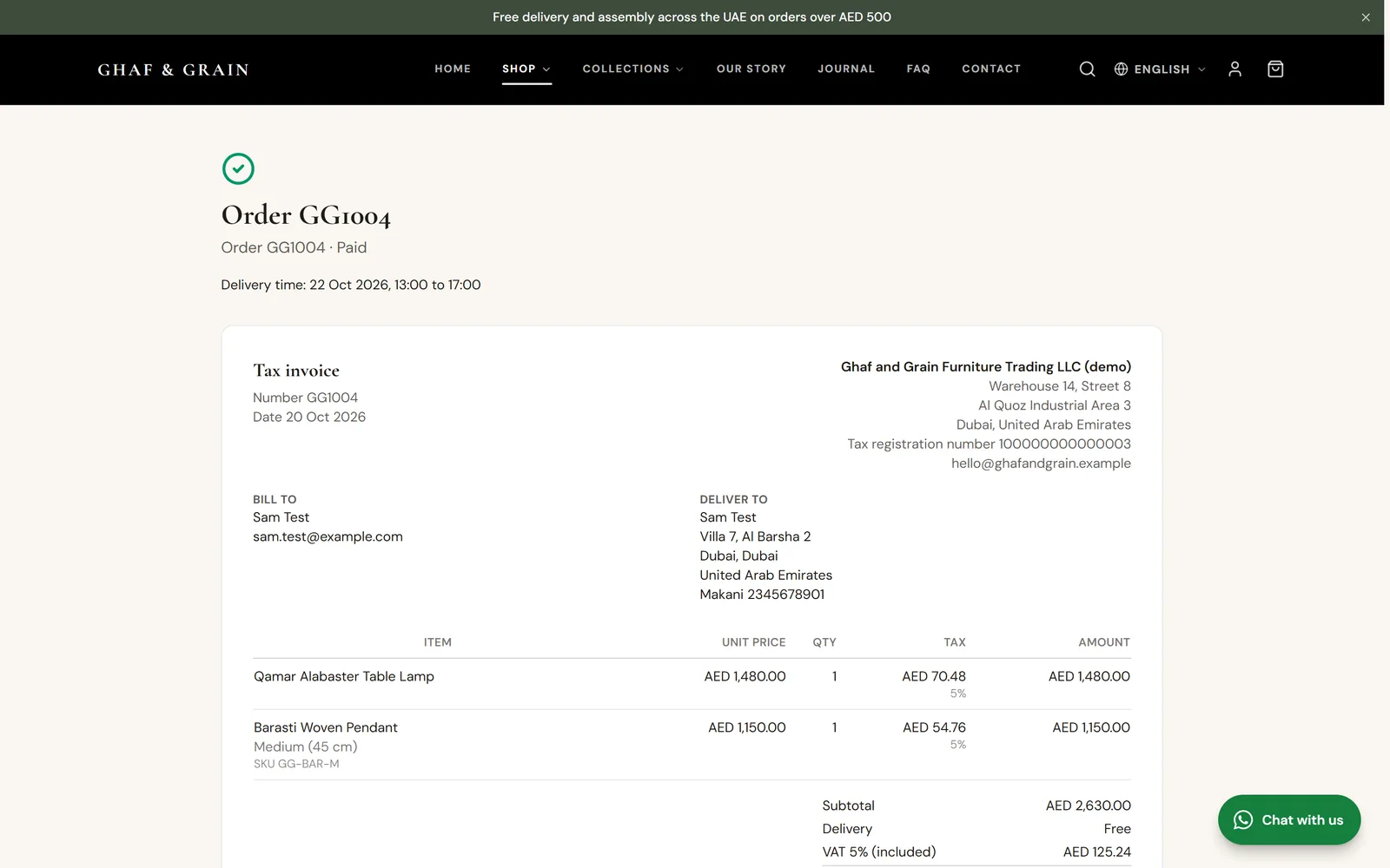 The order page for order GG1004: paid, the delivery time and the tax invoice with the seller, the buyer, the items and VAT.