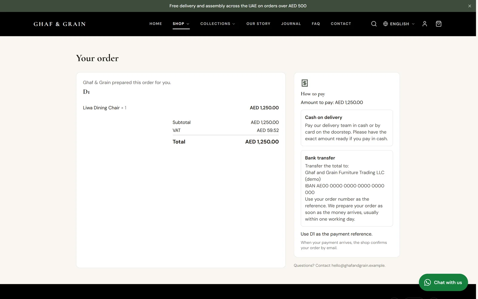 The customer's pay page for draft D1: the order with its total, and How to pay with cash on delivery and bank transfer instructions.