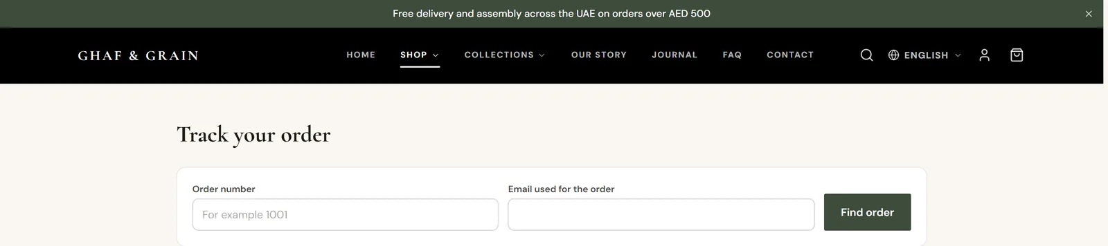 The Track your order page with order number and email fields and a Find order button.