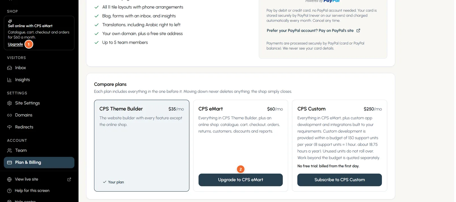Plan & Billing on CPS Theme Builder: the Upgrade link in the menu and the three plans, with the Upgrade to CPS eMart button.