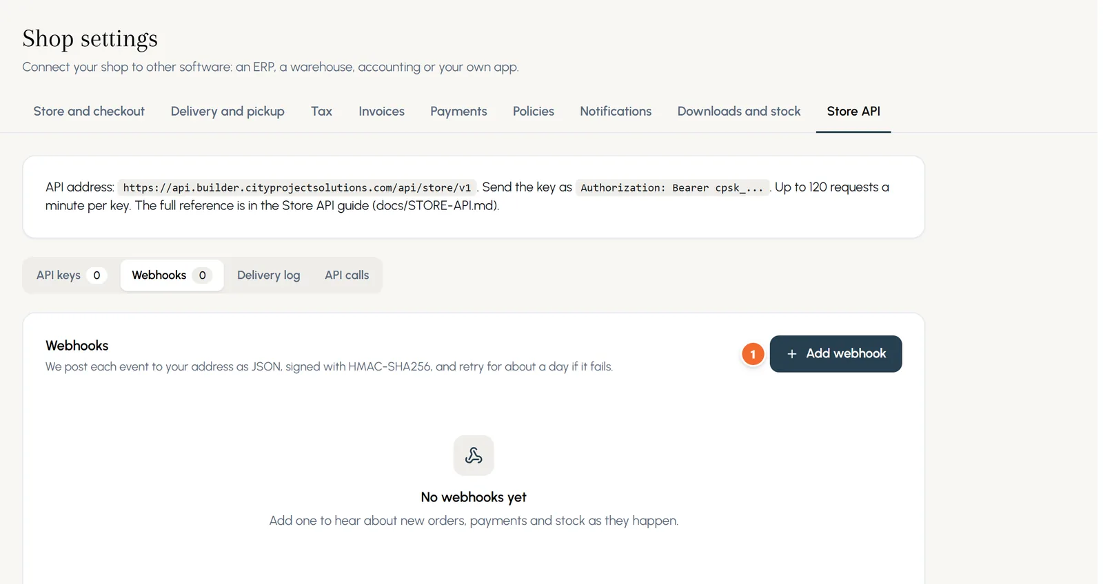 The Store API screen on the Webhooks tab, with the API address and the Add webhook button.